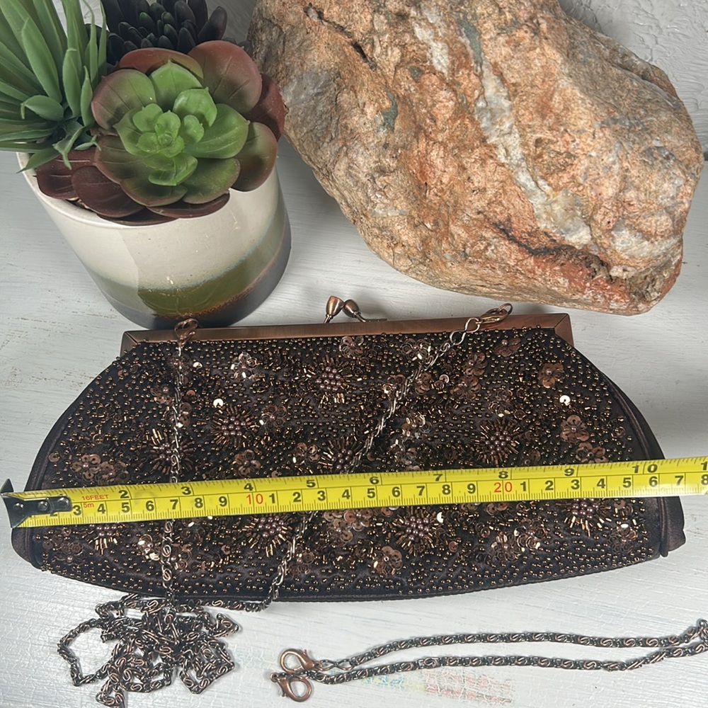 Carlo Fellini Beaded Kiss Lock Crossbody Clutch Wristlet 2 Chains Brown Copper - Picture 12 of 15